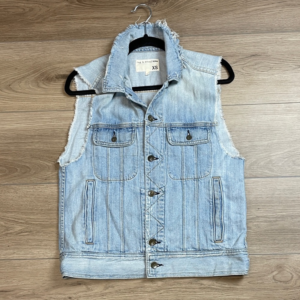 Rag & Bone Denim Jean Vest XS Light Wash Distressed Outerwear 100% Cotton